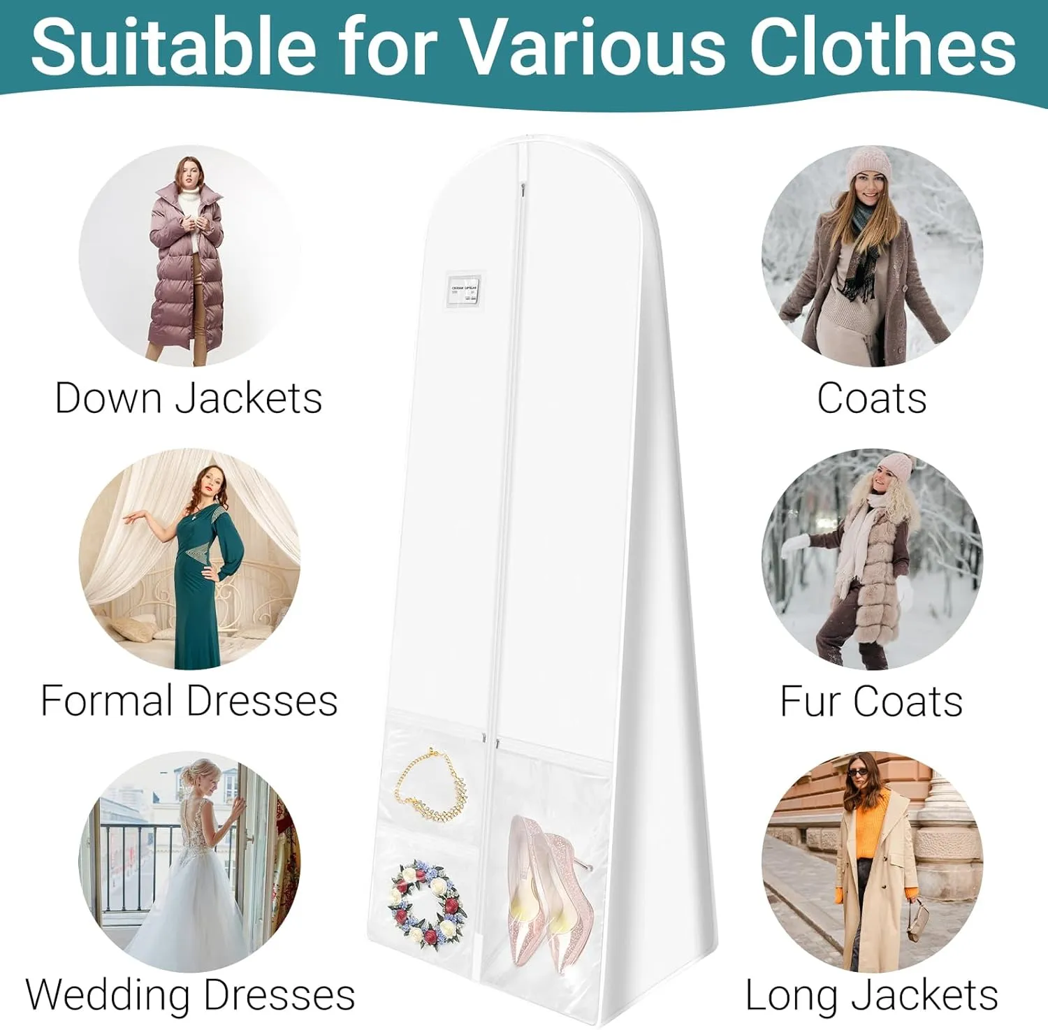 White Wedding Dress Garment Bag with Portable Bride Tote Bag, 16" Wide Gusset Dress Bags for Gowns & Long Prom Dresses, Wedding Dress Bag for Traveling Women, with 3 Pockets, 70x24x16"