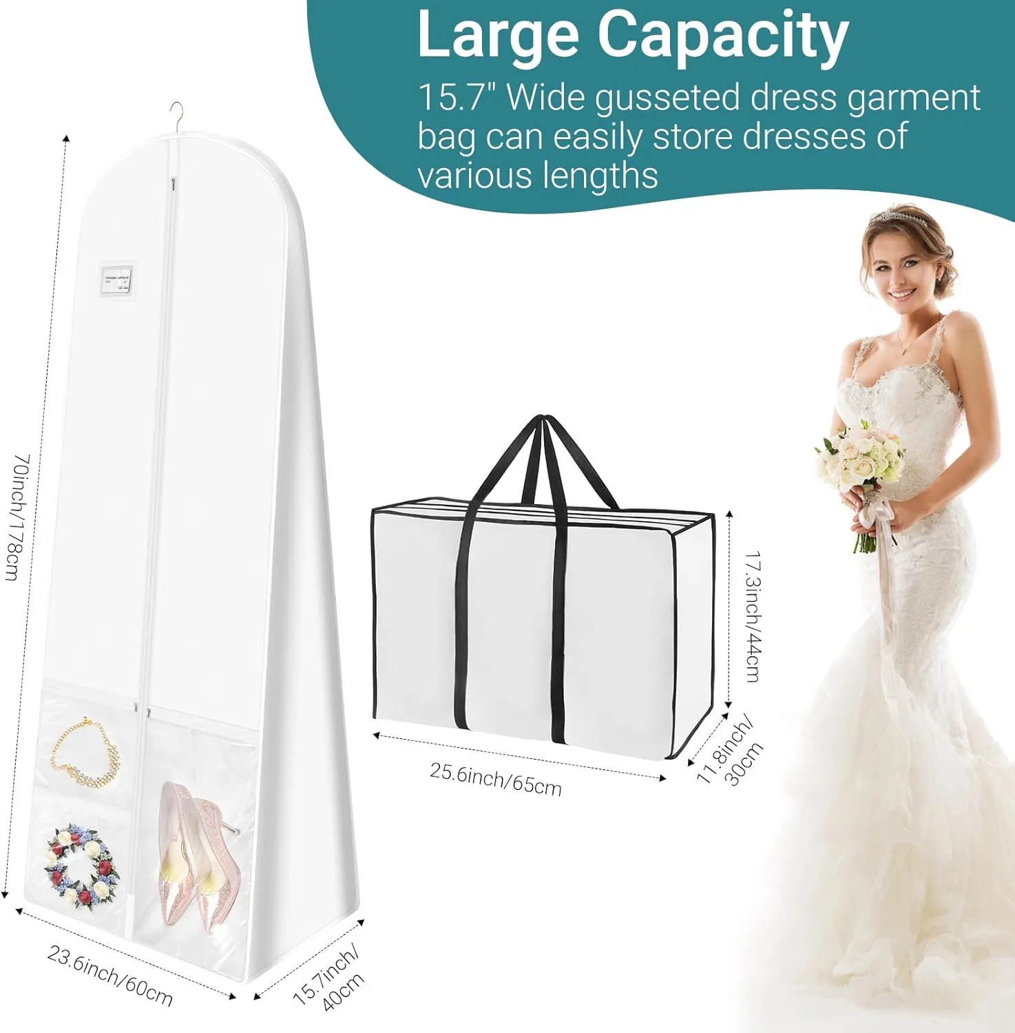 White Wedding Dress Garment Bag with Portable Bride Tote Bag, 16" Wide Gusset Dress Bags for Gowns & Long Prom Dresses, Wedding Dress Bag for Traveling Women, with 3 Pockets, 70x24x16"