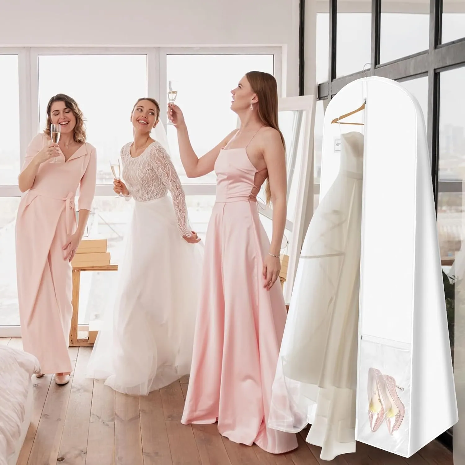 White Wedding Dress Garment Bag with Portable Bride Tote Bag, 16" Wide Gusset Dress Bags for Gowns & Long Prom Dresses, Wedding Dress Bag for Traveling Women, with 3 Pockets, 70x24x16"