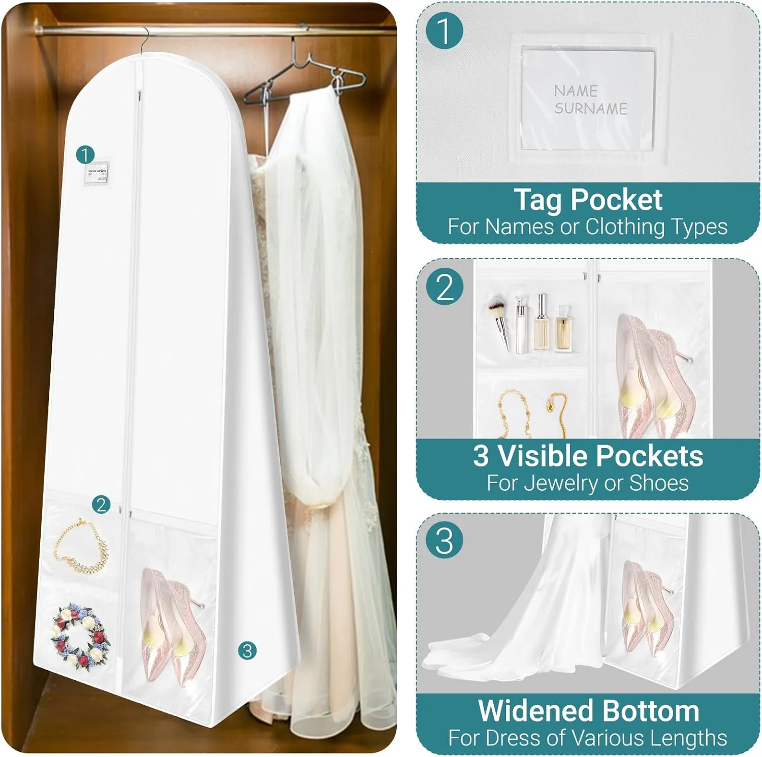 White Wedding Dress Garment Bag with Portable Bride Tote Bag, 16" Wide Gusset Dress Bags for Gowns & Long Prom Dresses, Wedding Dress Bag for Traveling Women, with 3 Pockets, 70x24x16"