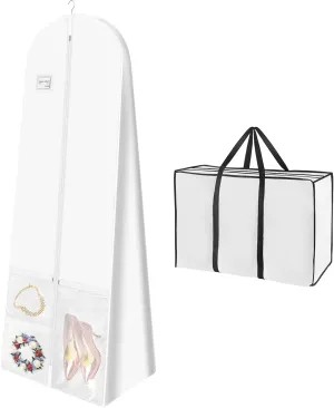 White Wedding Dress Garment Bag with Portable Bride Tote Bag, 16" Wide Gusset Dress Bags for Gowns & Long Prom Dresses, Wedding Dress Bag for Traveling Women, with 3 Pockets, 70x24x16"