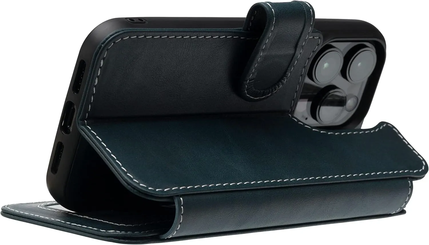 Wilken Wallet Case with Detachable Magnetic Phone Case Compatible with iPhone 14 Plus | Compatible with MagSafe & Wireless Charging | Top Grain Leather | Custom Metal Buttons (14 Plus, Blue)