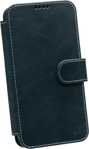 Wilken Wallet Case with Detachable Magnetic Phone Case Compatible with iPhone 14 Plus | Compatible with MagSafe & Wireless Charging | Top Grain Leather | Custom Metal Buttons (14 Plus, Blue)