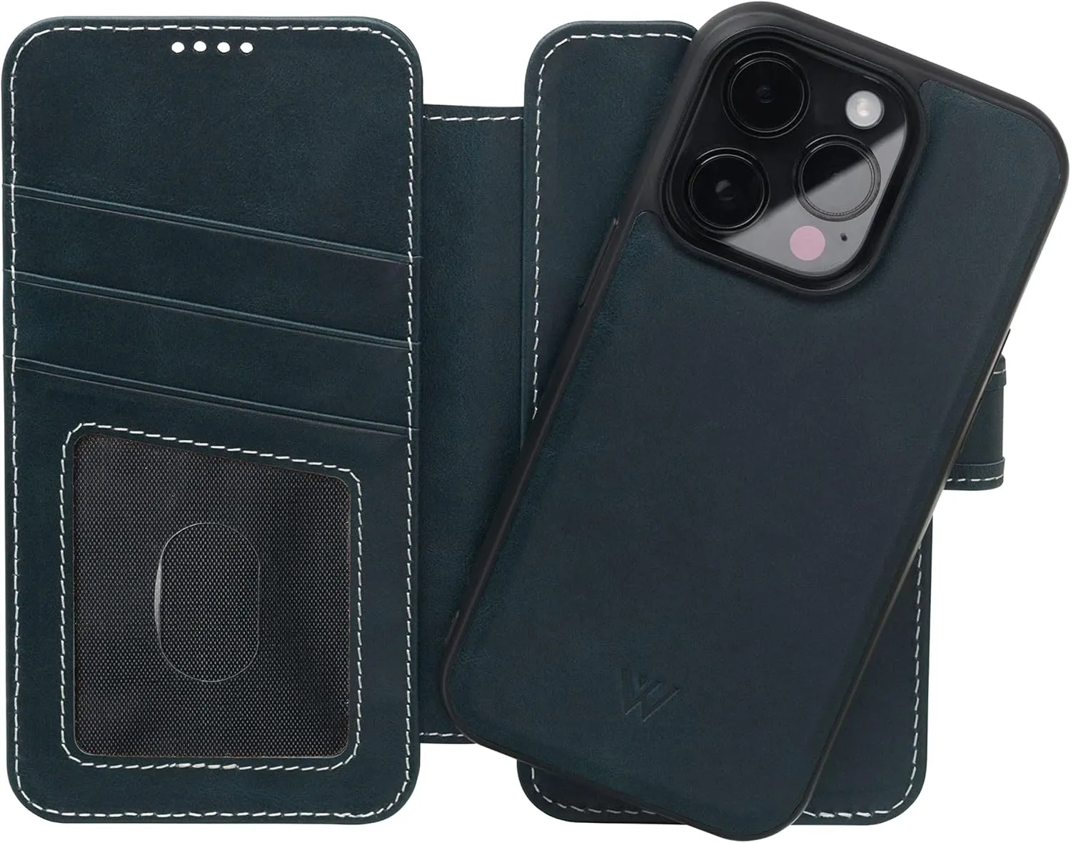 Wilken Wallet Case with Detachable Magnetic Phone Case Compatible with iPhone 14 Plus | Compatible with MagSafe & Wireless Charging | Top Grain Leather | Custom Metal Buttons (14 Plus, Blue)