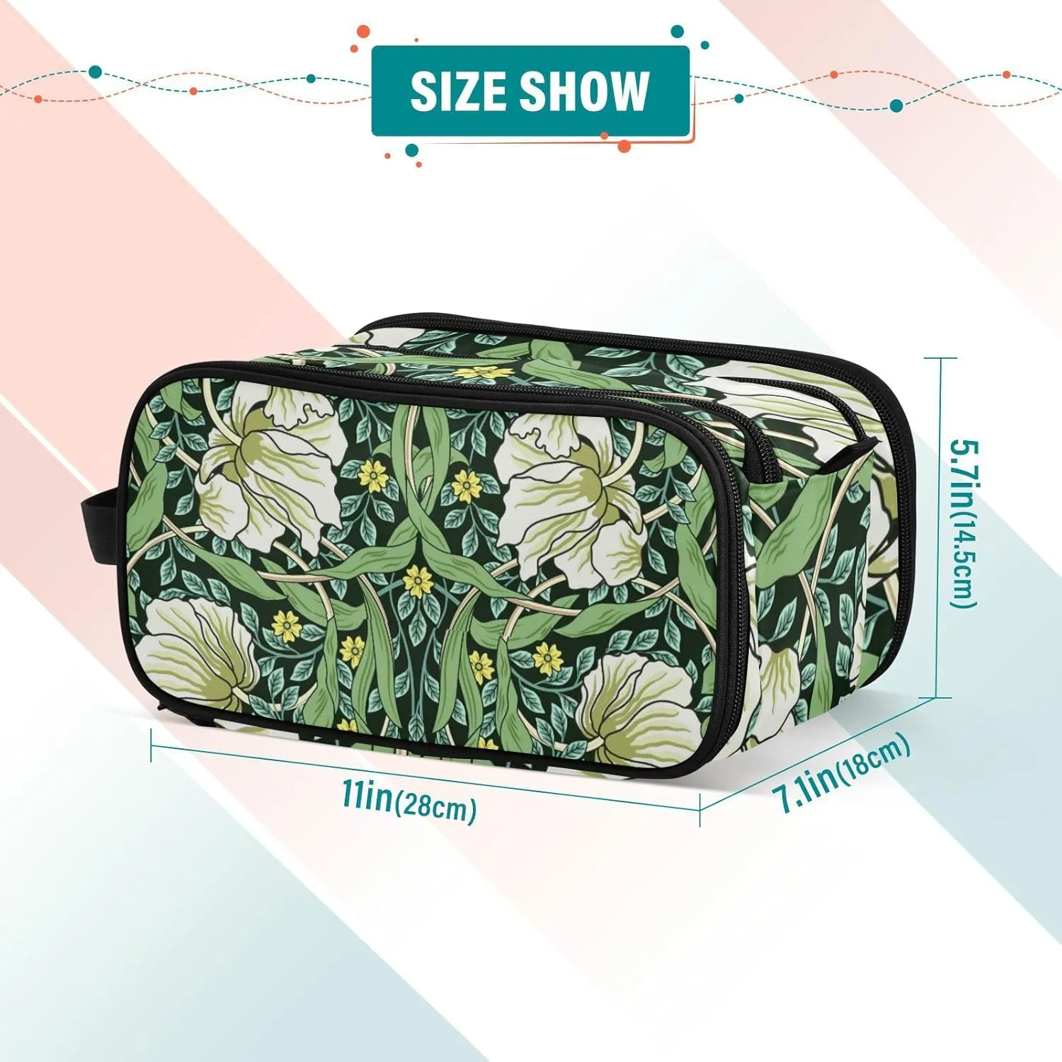 William Morris White Flowers, Yellow Flowers, Green Foliage Leaves Women's Portable Makeup Bag with Handle, Cosmetic Bag, Travel Cosmetic Bag Durable Toiletry Storage Organizer 11 x 7 x 5.7 inch