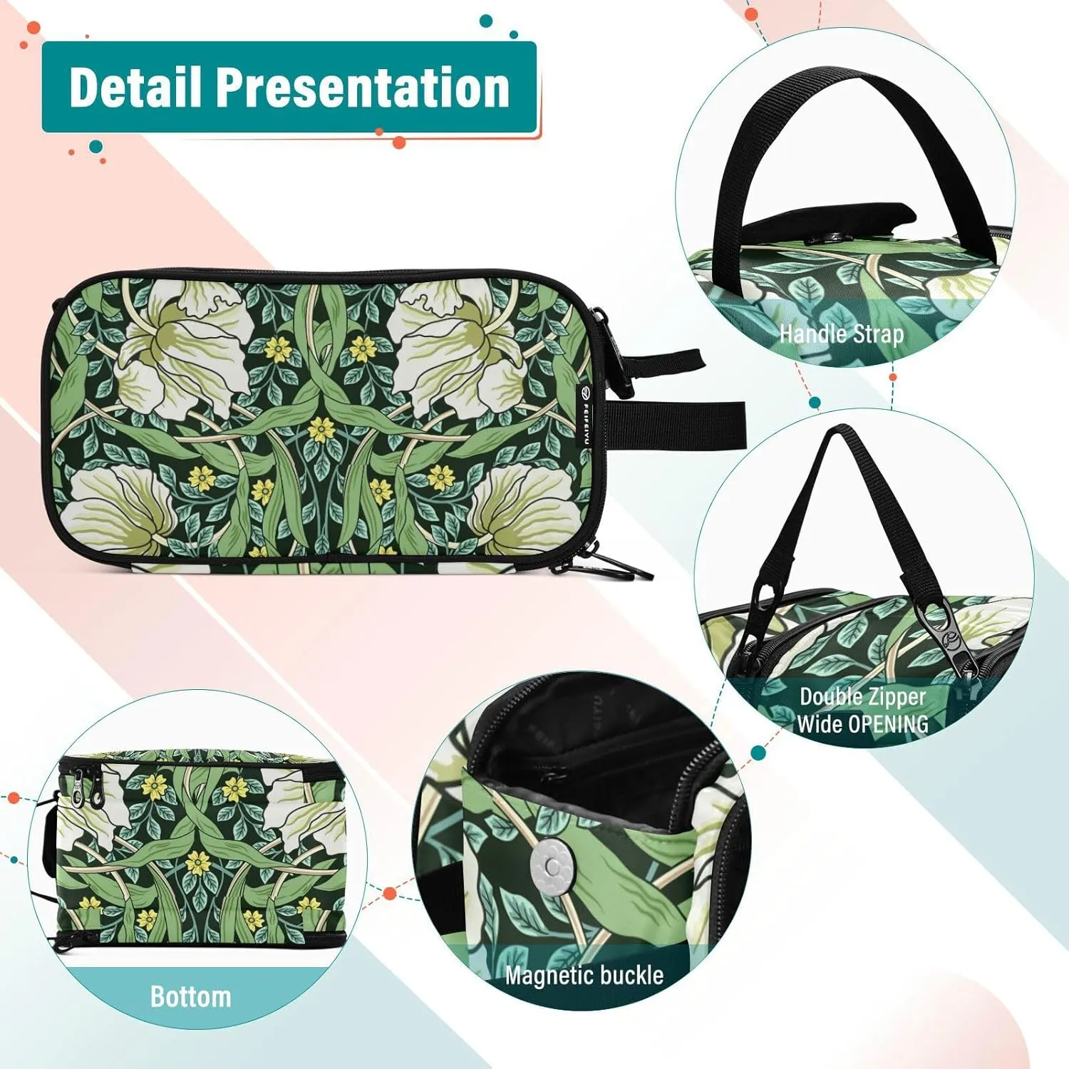 William Morris White Flowers, Yellow Flowers, Green Foliage Leaves Women's Portable Makeup Bag with Handle, Cosmetic Bag, Travel Cosmetic Bag Durable Toiletry Storage Organizer 11 x 7 x 5.7 inch