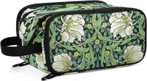 William Morris White Flowers, Yellow Flowers, Green Foliage Leaves Women's Portable Makeup Bag with Handle, Cosmetic Bag, Travel Cosmetic Bag Durable Toiletry Storage Organizer 11 x 7 x 5.7 inch