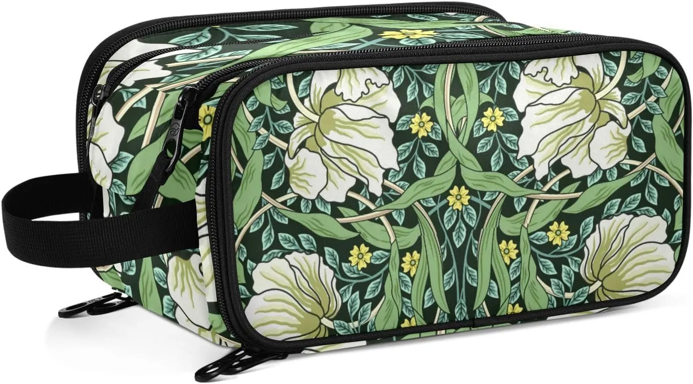 William Morris White Flowers, Yellow Flowers, Green Foliage Leaves Women's Portable Makeup Bag with Handle, Cosmetic Bag, Travel Cosmetic Bag Durable Toiletry Storage Organizer 11 x 7 x 5.7 inch