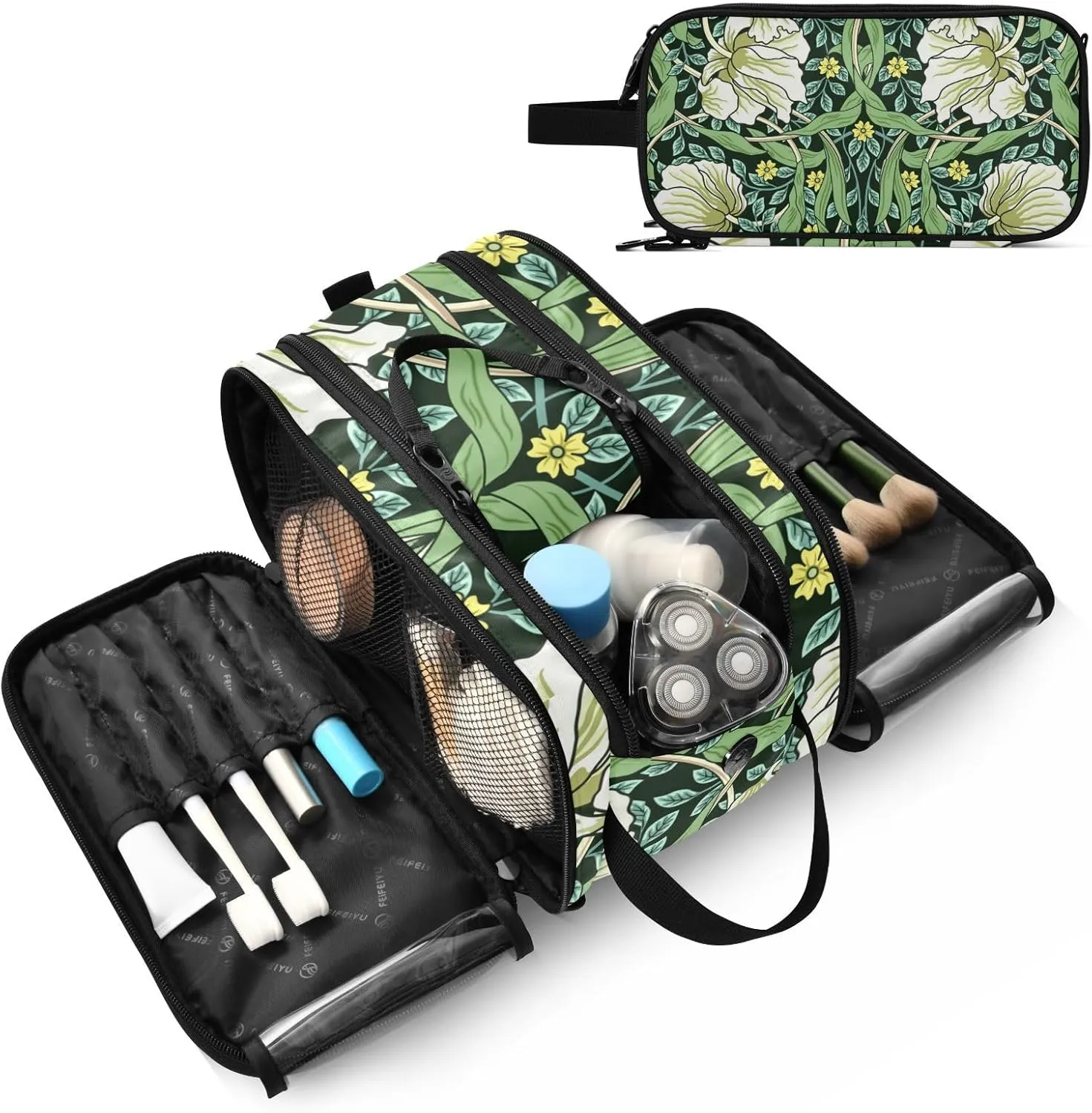 William Morris White Flowers, Yellow Flowers, Green Foliage Leaves Women's Portable Makeup Bag with Handle, Cosmetic Bag, Travel Cosmetic Bag Durable Toiletry Storage Organizer 11 x 7 x 5.7 inch