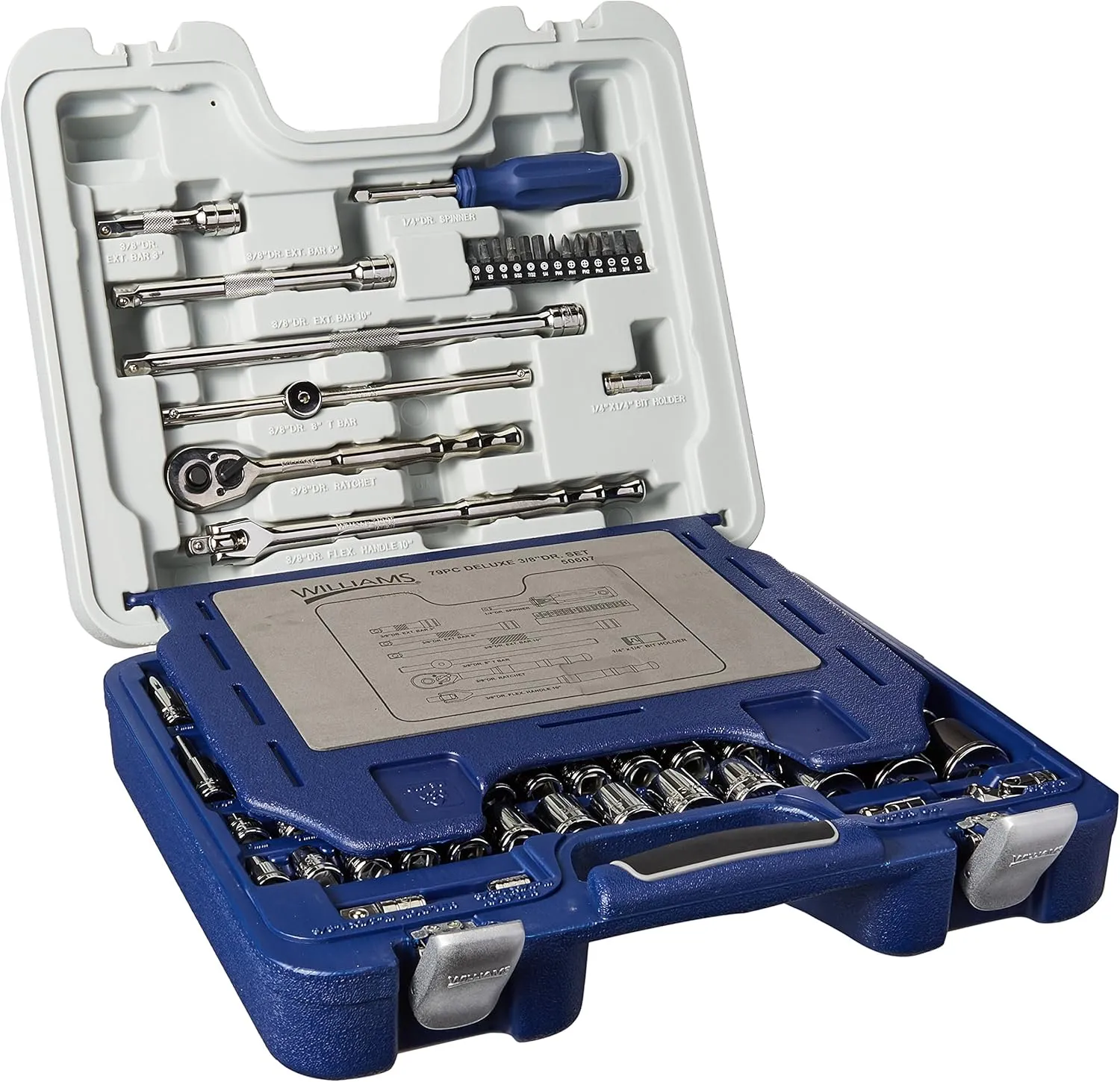 Williams 50607 79 Piece 3/8" Drive Deluxe Tool Set 6 and 12 Point Rugged-Case-System Tool Set, SAE and Metric, with 1/4" Hex Screwdriver Bits
