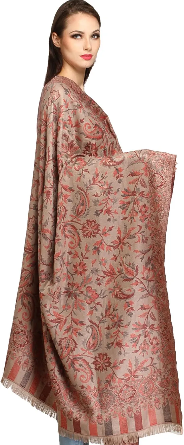 Women Reversible Jamawar Wool Shawl with Woven Flowers | Ethnic Beautiful Floral Weave Stole, Dupatta