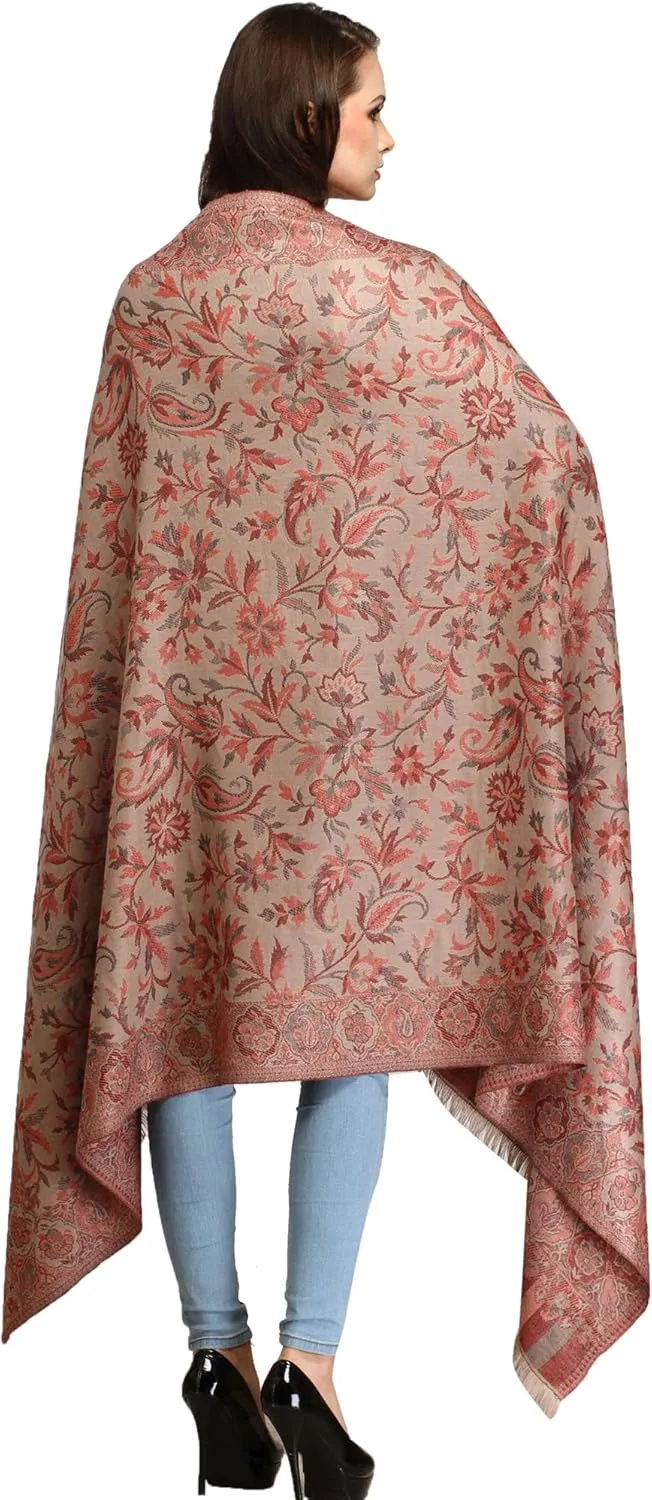 Women Reversible Jamawar Wool Shawl with Woven Flowers | Ethnic Beautiful Floral Weave Stole, Dupatta