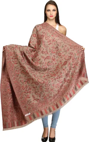 Women Reversible Jamawar Wool Shawl with Woven Flowers | Ethnic Beautiful Floral Weave Stole, Dupatta