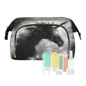 Women Wave Quilt Cosmetic Bag, Zipper Toiletry Storage 10.2x5.9x6.7 in, Pouch Handbag Makeup Case Purse Holder Organizer Print A unicorn Silhouette in a Galaxy Nebula Cloud