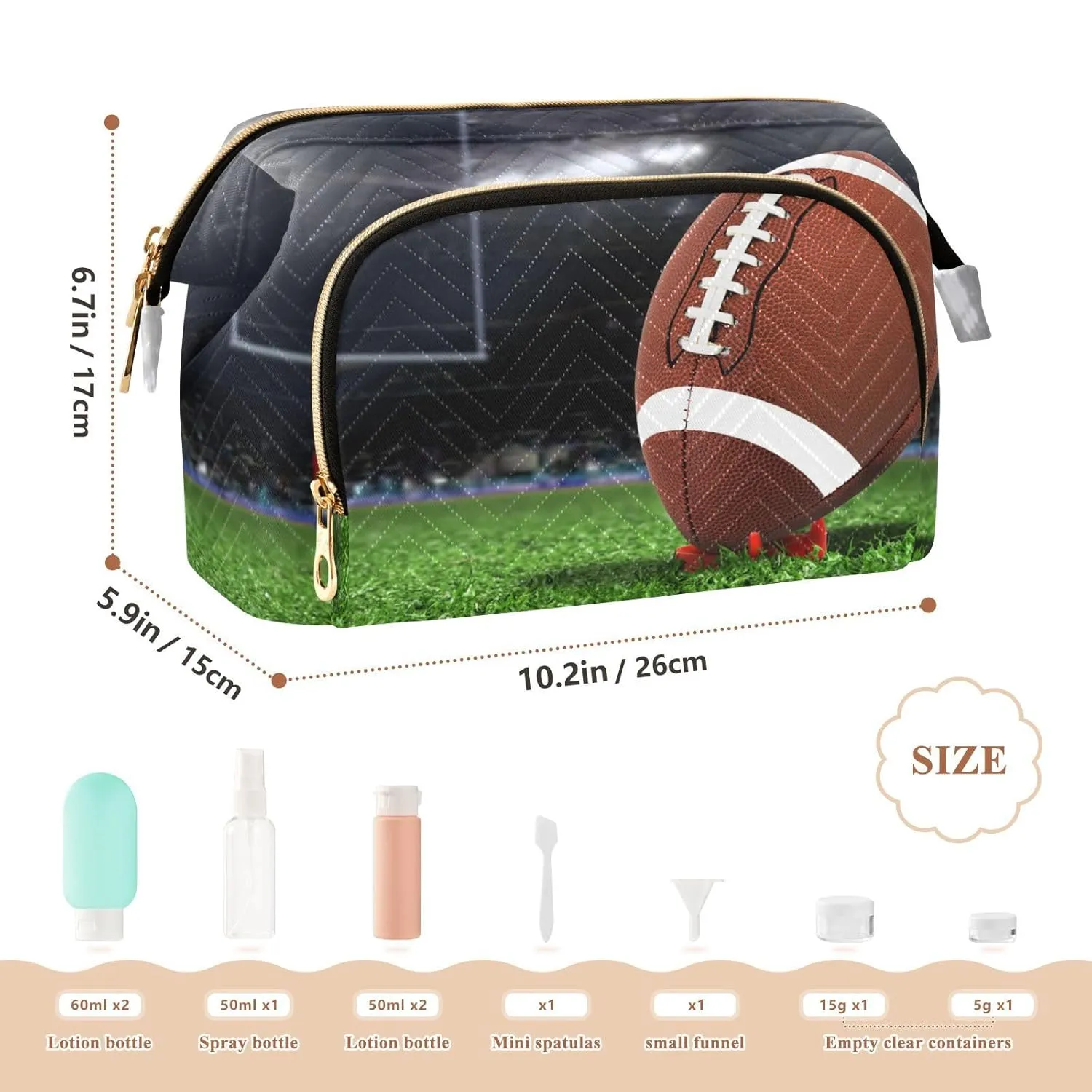 Women Wave Quilt Cosmetic Bag, Zipper Toiletry Storage 10.2x5.9x6.7 in, Pouch Handbag Makeup Case Purse Holder Organizer Print American Football On Green