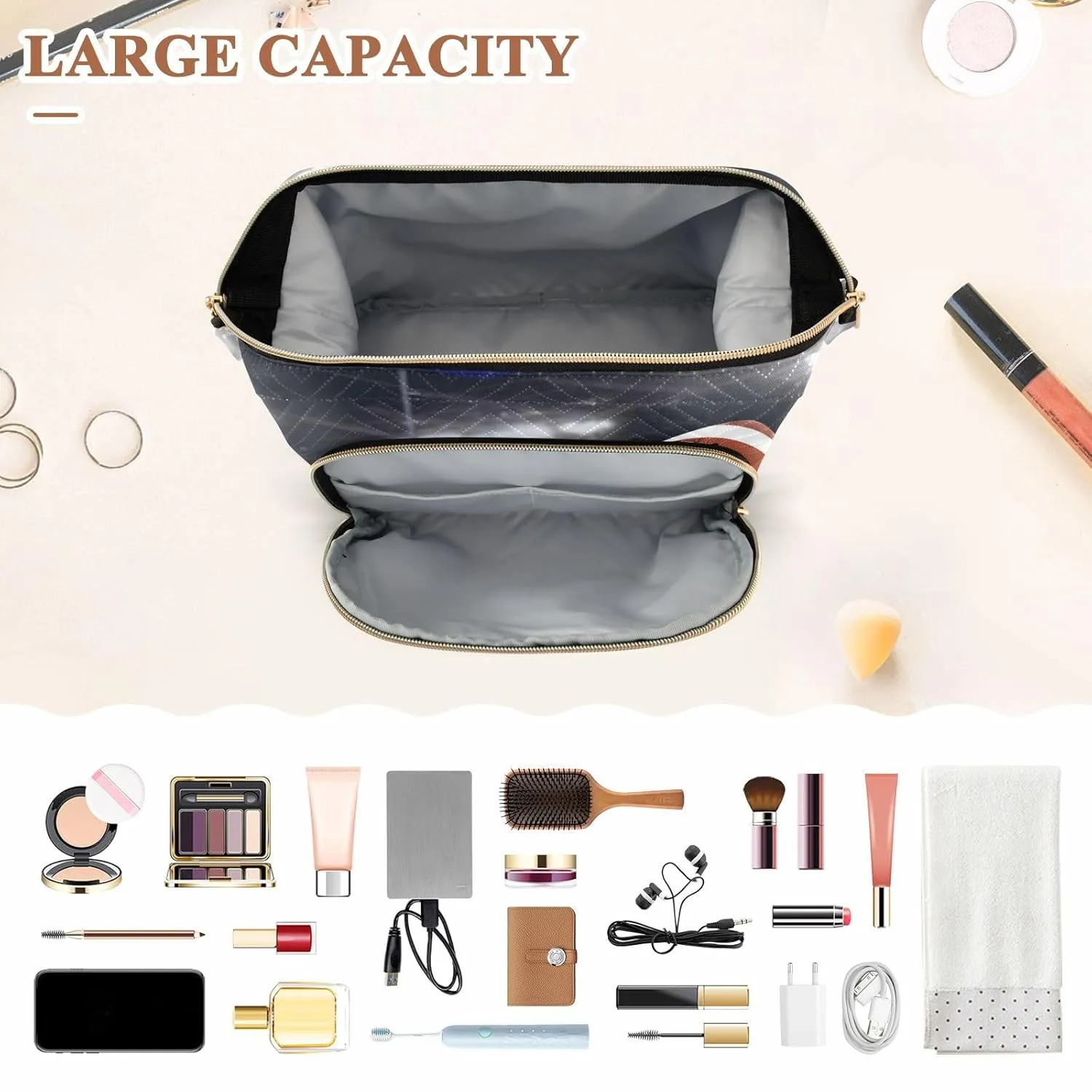 Women Wave Quilt Cosmetic Bag, Zipper Toiletry Storage 10.2x5.9x6.7 in, Pouch Handbag Makeup Case Purse Holder Organizer Print American Football On Green