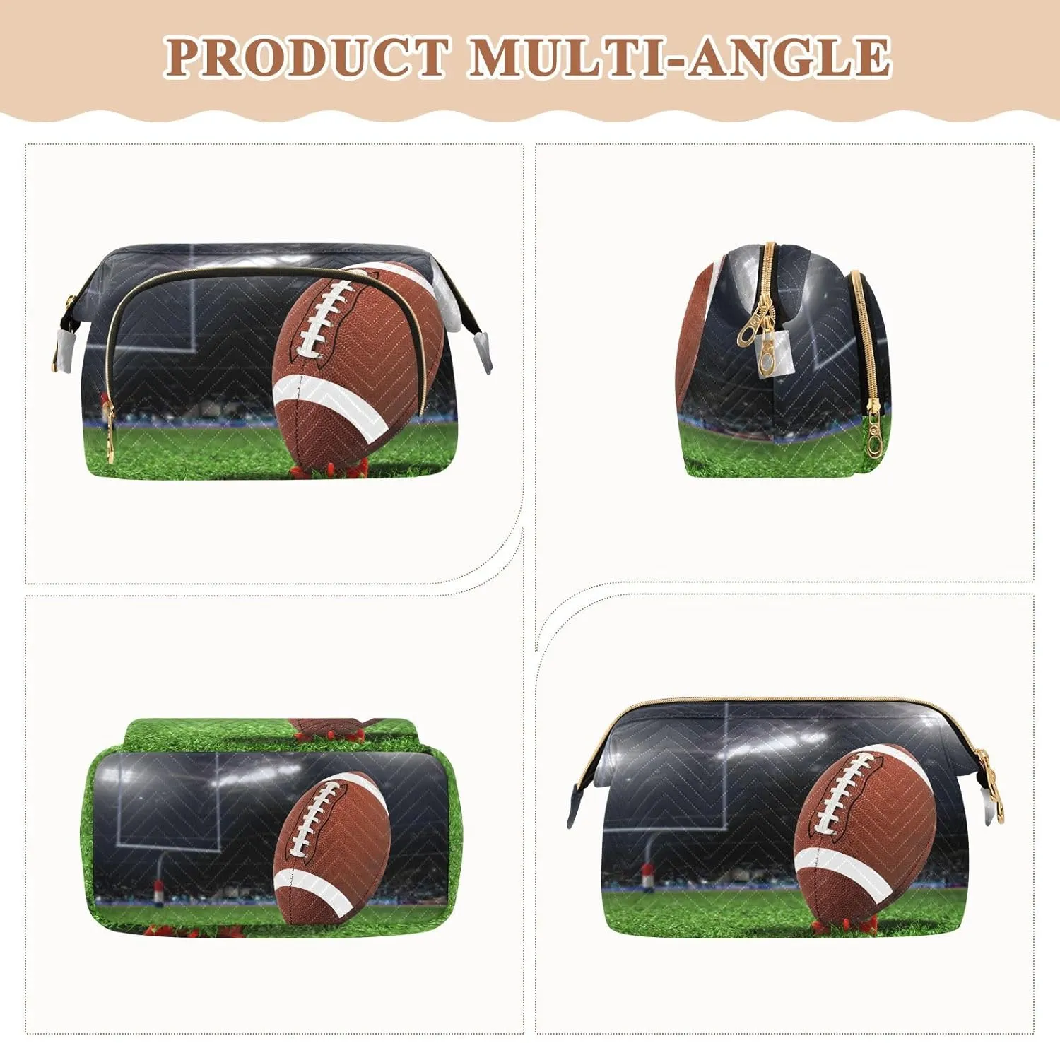 Women Wave Quilt Cosmetic Bag, Zipper Toiletry Storage 10.2x5.9x6.7 in, Pouch Handbag Makeup Case Purse Holder Organizer Print American Football On Green