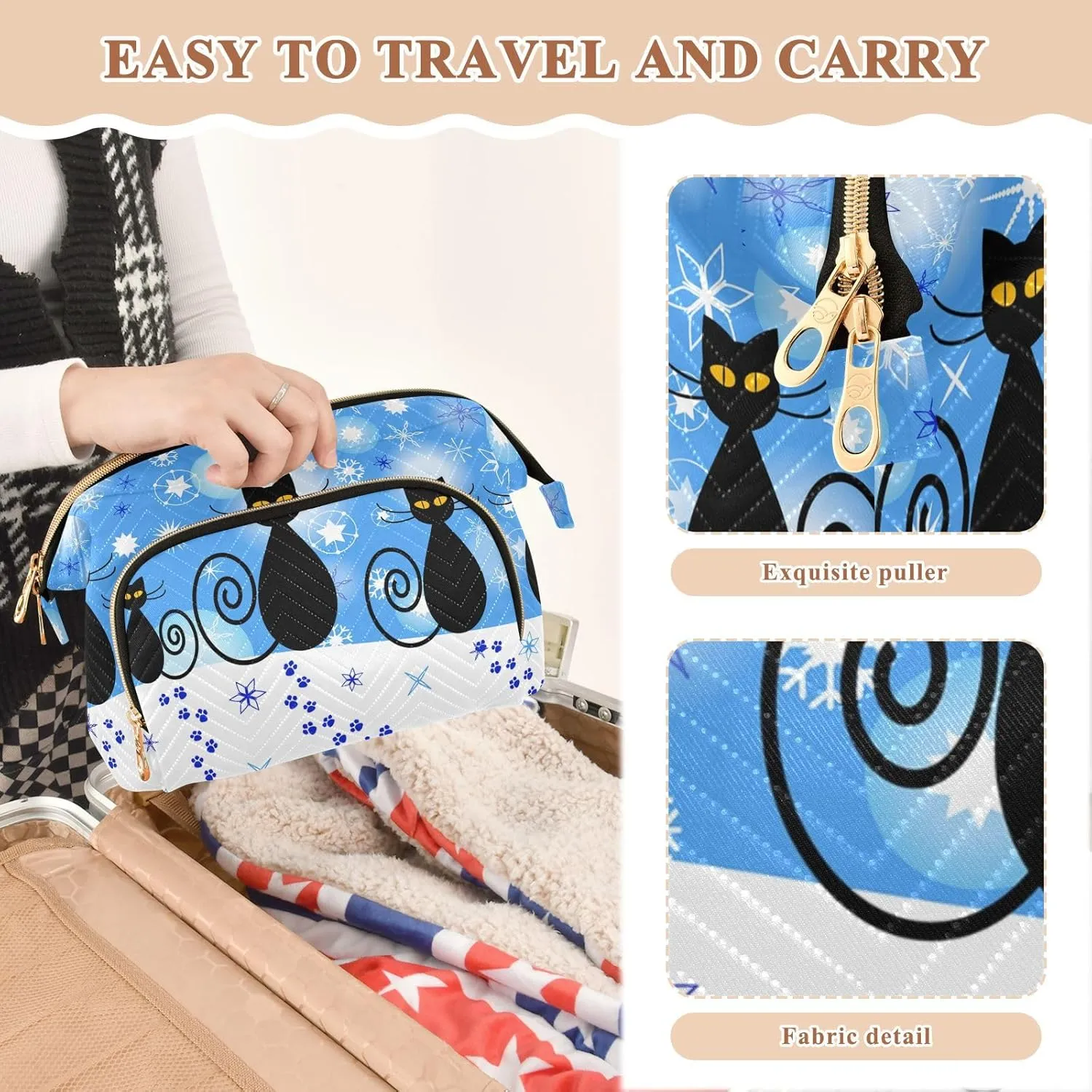 Women Wave Quilt Cosmetic Bag, Zipper Toiletry Storage 10.2x5.9x6.7 in, Pouch Handbag Makeup Case Purse Holder Organizer Print Christmas Cartoon Cats and Snow White Blue Pattern