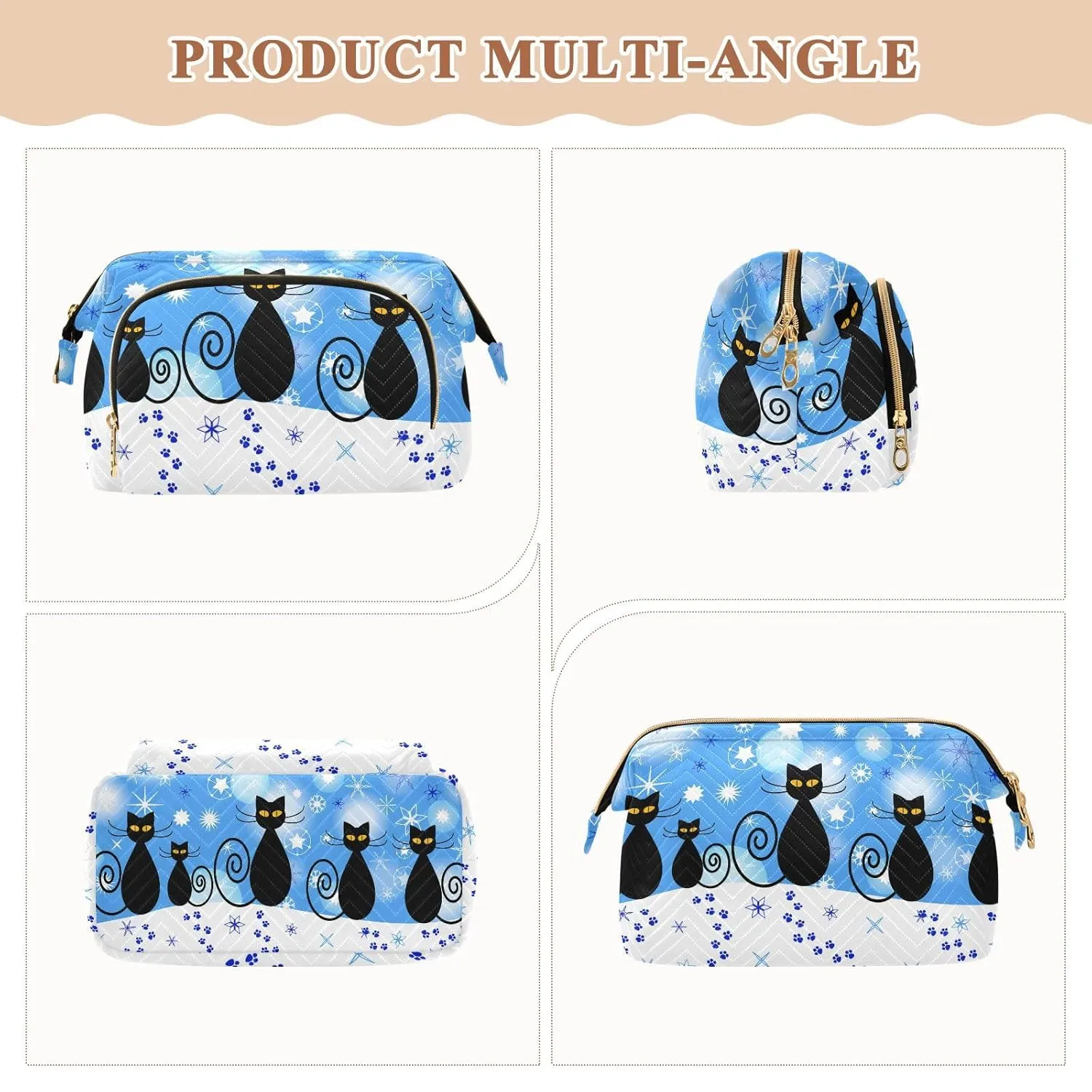 Women Wave Quilt Cosmetic Bag, Zipper Toiletry Storage 10.2x5.9x6.7 in, Pouch Handbag Makeup Case Purse Holder Organizer Print Christmas Cartoon Cats and Snow White Blue Pattern