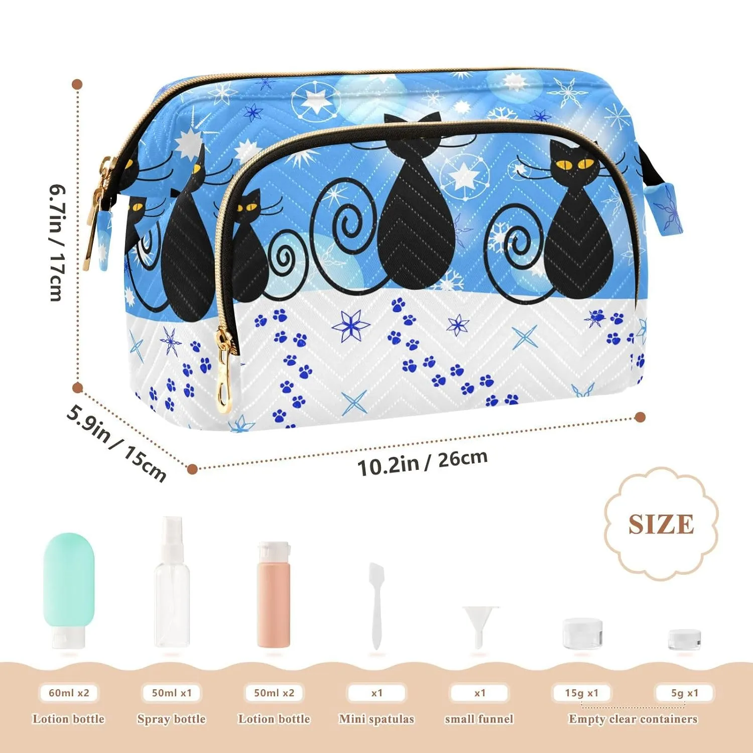Women Wave Quilt Cosmetic Bag, Zipper Toiletry Storage 10.2x5.9x6.7 in, Pouch Handbag Makeup Case Purse Holder Organizer Print Christmas Cartoon Cats and Snow White Blue Pattern