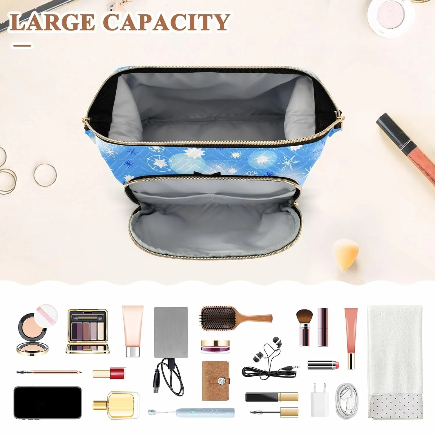 Women Wave Quilt Cosmetic Bag, Zipper Toiletry Storage 10.2x5.9x6.7 in, Pouch Handbag Makeup Case Purse Holder Organizer Print Christmas Cartoon Cats and Snow White Blue Pattern