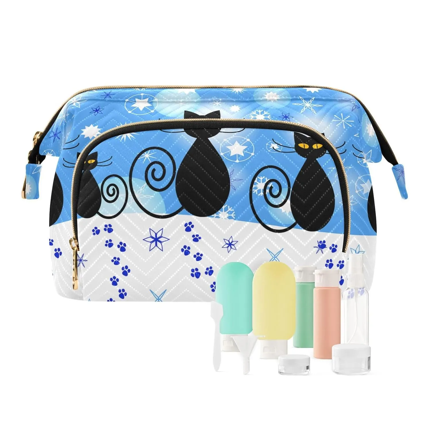 Women Wave Quilt Cosmetic Bag, Zipper Toiletry Storage 10.2x5.9x6.7 in, Pouch Handbag Makeup Case Purse Holder Organizer Print Christmas Cartoon Cats and Snow White Blue Pattern