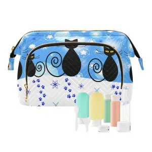 Women Wave Quilt Cosmetic Bag, Zipper Toiletry Storage 10.2x5.9x6.7 in, Pouch Handbag Makeup Case Purse Holder Organizer Print Christmas Cartoon Cats and Snow White Blue Pattern