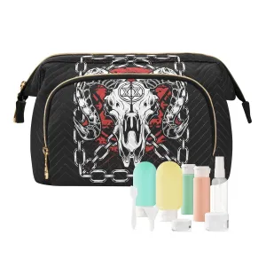 Women Wave Quilt Cosmetic Bag, Zipper Toiletry Storage 10.2x5.9x6.7 in, Pouch Handbag Makeup Case Purse Holder Organizer Print Devil Bull Skull Demon Red Black White