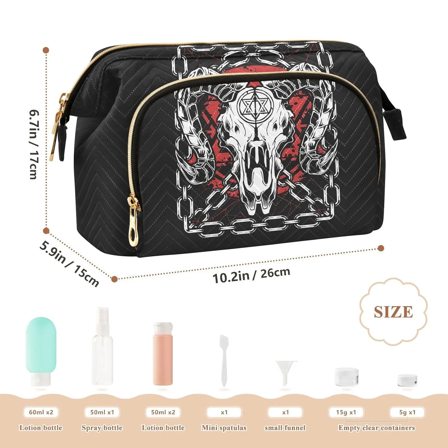 Women Wave Quilt Cosmetic Bag, Zipper Toiletry Storage 10.2x5.9x6.7 in, Pouch Handbag Makeup Case Purse Holder Organizer Print Devil Bull Skull Demon Red Black White