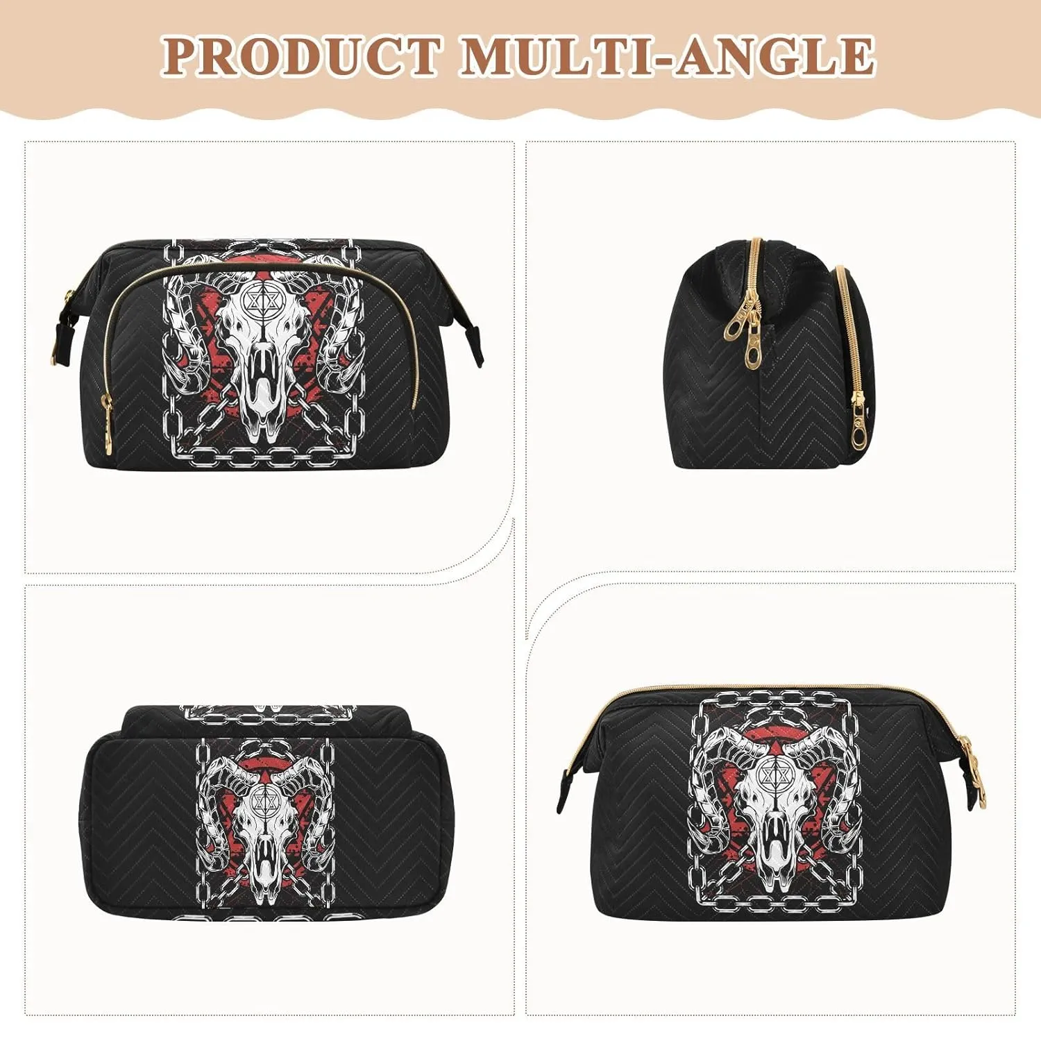 Women Wave Quilt Cosmetic Bag, Zipper Toiletry Storage 10.2x5.9x6.7 in, Pouch Handbag Makeup Case Purse Holder Organizer Print Devil Bull Skull Demon Red Black White