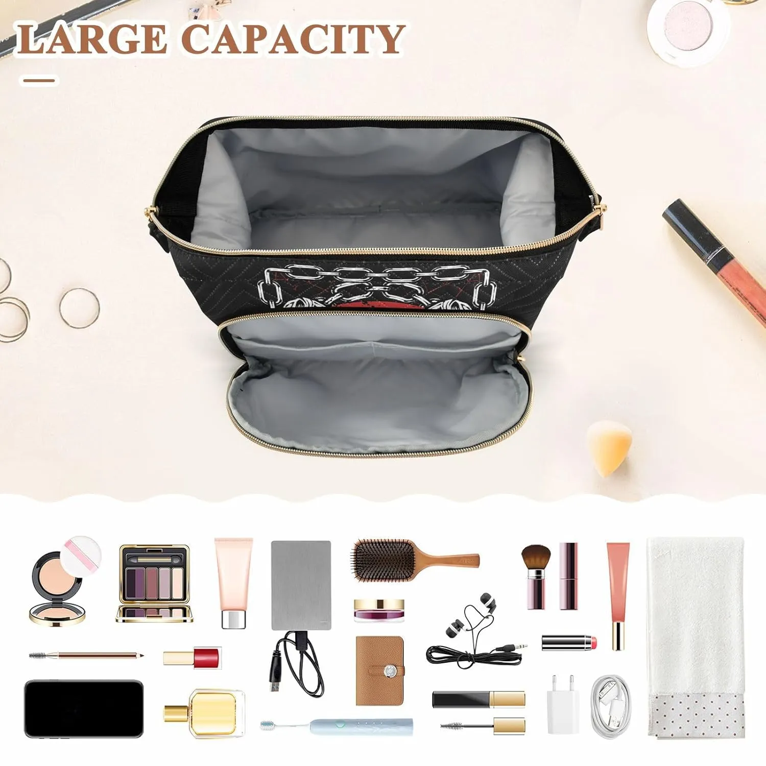 Women Wave Quilt Cosmetic Bag, Zipper Toiletry Storage 10.2x5.9x6.7 in, Pouch Handbag Makeup Case Purse Holder Organizer Print Devil Bull Skull Demon Red Black White