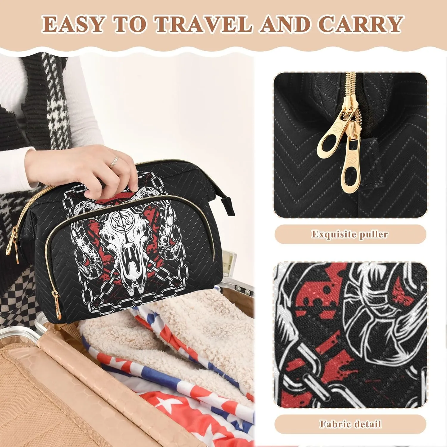 Women Wave Quilt Cosmetic Bag, Zipper Toiletry Storage 10.2x5.9x6.7 in, Pouch Handbag Makeup Case Purse Holder Organizer Print Devil Bull Skull Demon Red Black White