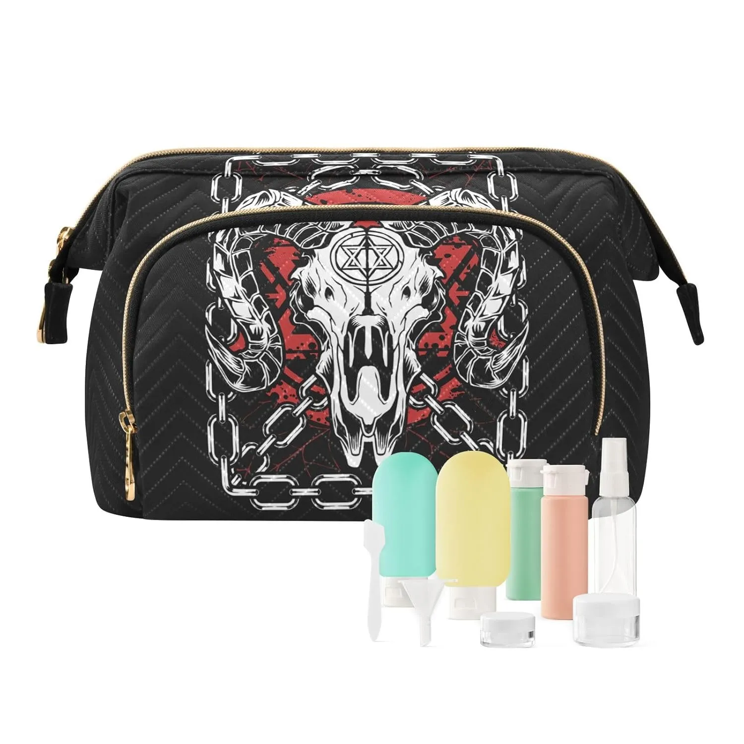 Women Wave Quilt Cosmetic Bag, Zipper Toiletry Storage 10.2x5.9x6.7 in, Pouch Handbag Makeup Case Purse Holder Organizer Print Devil Bull Skull Demon Red Black White
