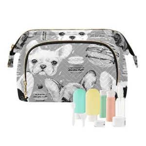 Women Wave Quilt Cosmetic Bag, Zipper Toiletry Storage 10.2x5.9x6.7 in, Pouch Handbag Makeup Case Purse Holder Organizer Print French Bulldog Donuts Seamless