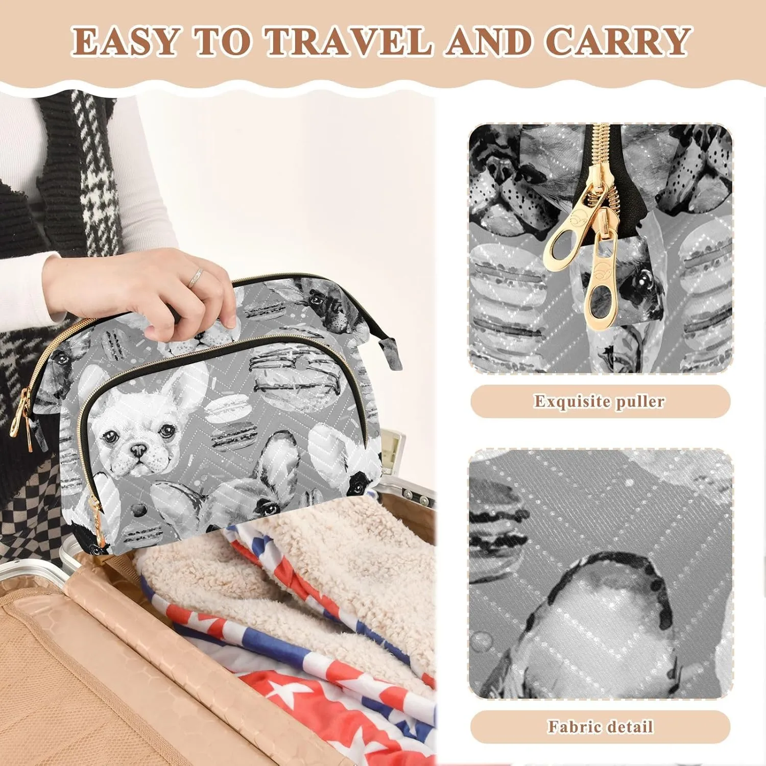 Women Wave Quilt Cosmetic Bag, Zipper Toiletry Storage 10.2x5.9x6.7 in, Pouch Handbag Makeup Case Purse Holder Organizer Print French Bulldog Donuts Seamless