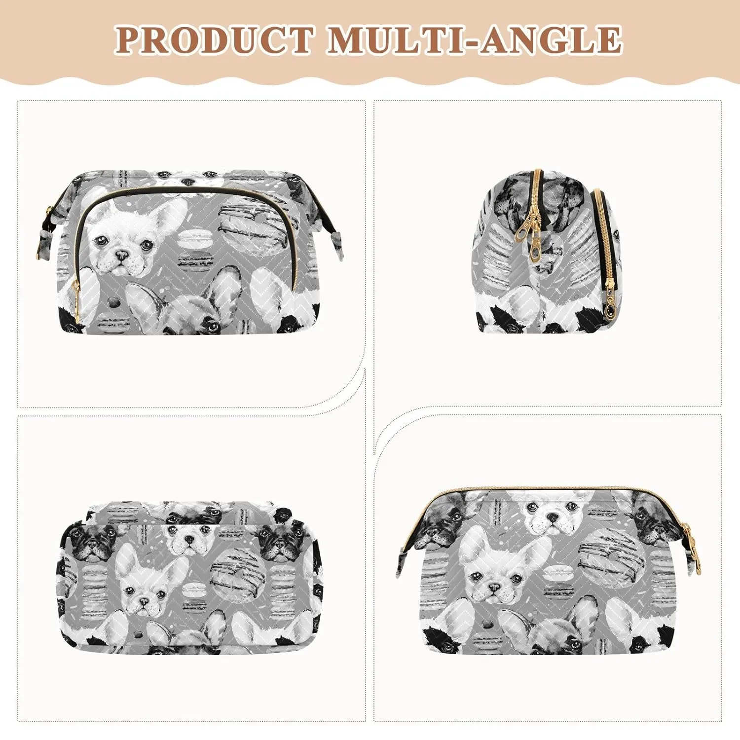Women Wave Quilt Cosmetic Bag, Zipper Toiletry Storage 10.2x5.9x6.7 in, Pouch Handbag Makeup Case Purse Holder Organizer Print French Bulldog Donuts Seamless