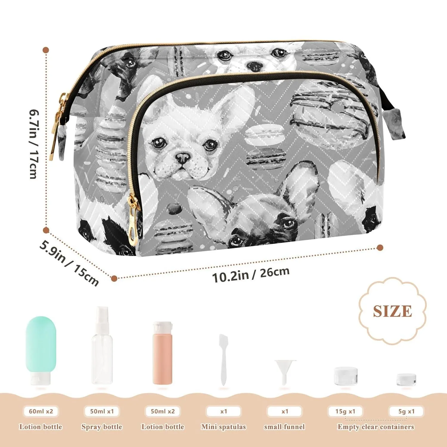 Women Wave Quilt Cosmetic Bag, Zipper Toiletry Storage 10.2x5.9x6.7 in, Pouch Handbag Makeup Case Purse Holder Organizer Print French Bulldog Donuts Seamless