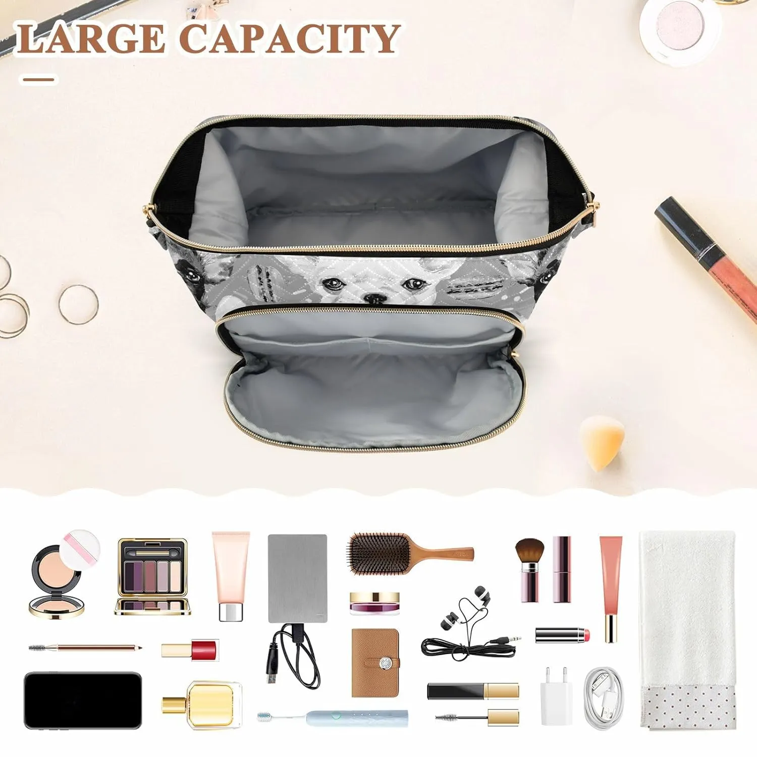 Women Wave Quilt Cosmetic Bag, Zipper Toiletry Storage 10.2x5.9x6.7 in, Pouch Handbag Makeup Case Purse Holder Organizer Print French Bulldog Donuts Seamless