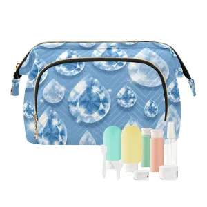 Women Wave Quilt Cosmetic Bag, Zipper Toiletry Storage 10.2x5.9x6.7 in, Pouch Handbag Makeup Case Purse Holder Organizer Print Glitter Blue Rain Droplet Gems Seamless