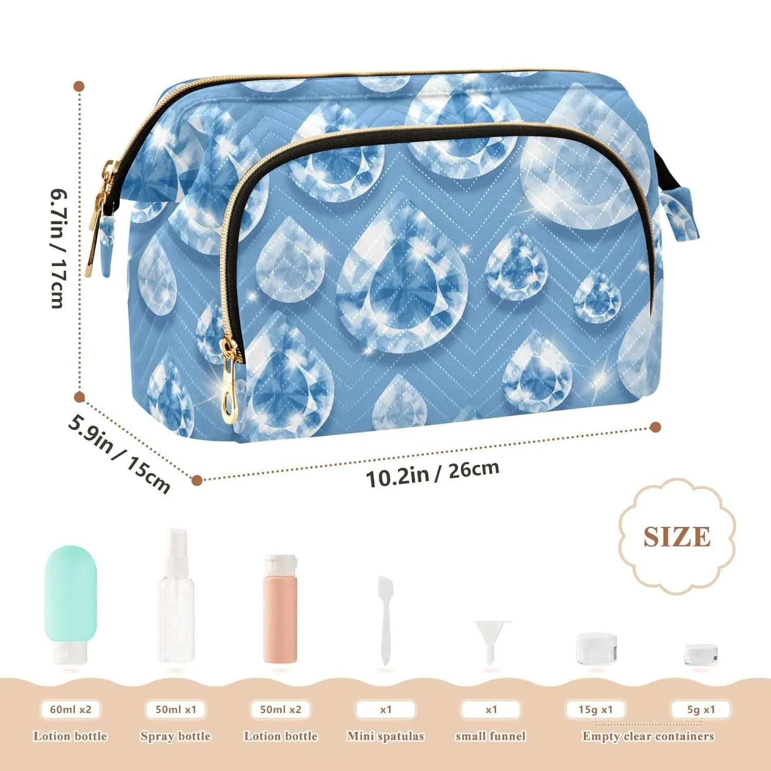 Women Wave Quilt Cosmetic Bag, Zipper Toiletry Storage 10.2x5.9x6.7 in, Pouch Handbag Makeup Case Purse Holder Organizer Print Glitter Blue Rain Droplet Gems Seamless