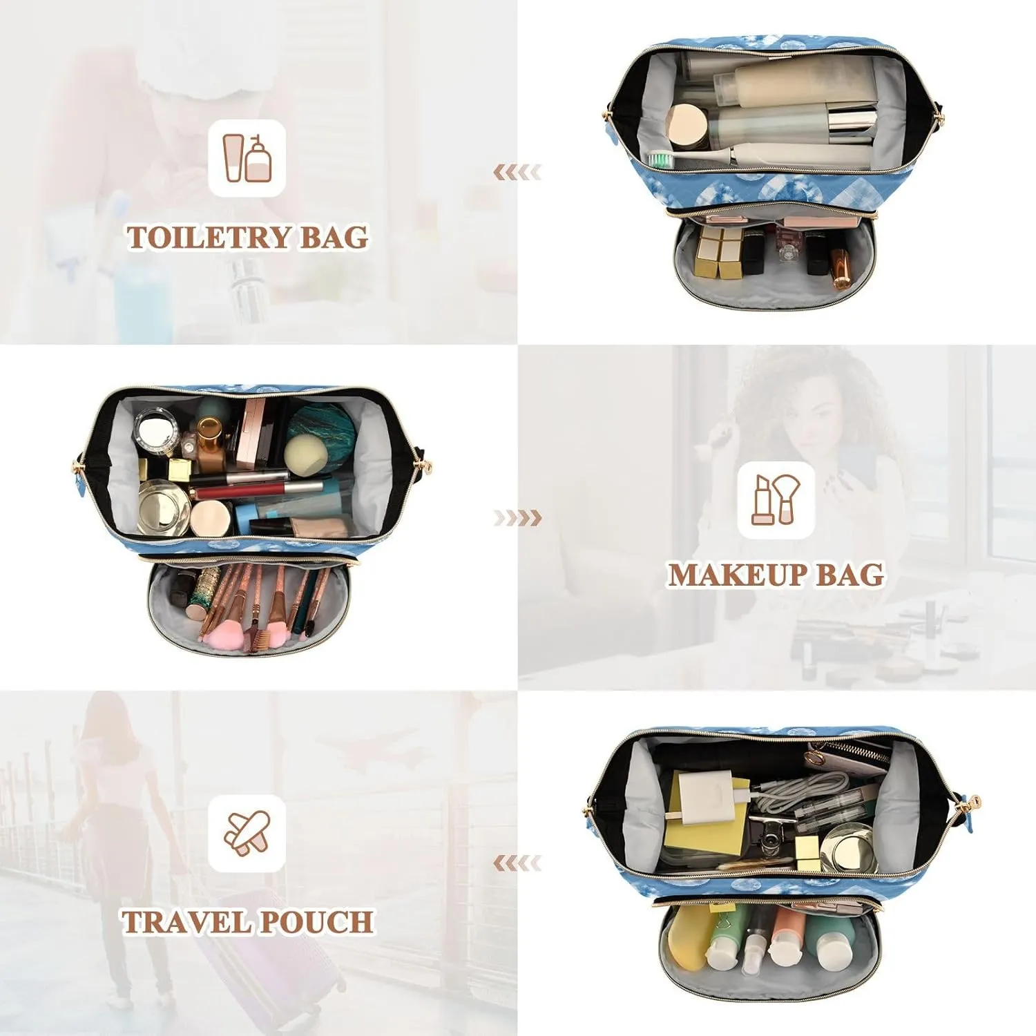 Women Wave Quilt Cosmetic Bag, Zipper Toiletry Storage 10.2x5.9x6.7 in, Pouch Handbag Makeup Case Purse Holder Organizer Print Glitter Blue Rain Droplet Gems Seamless