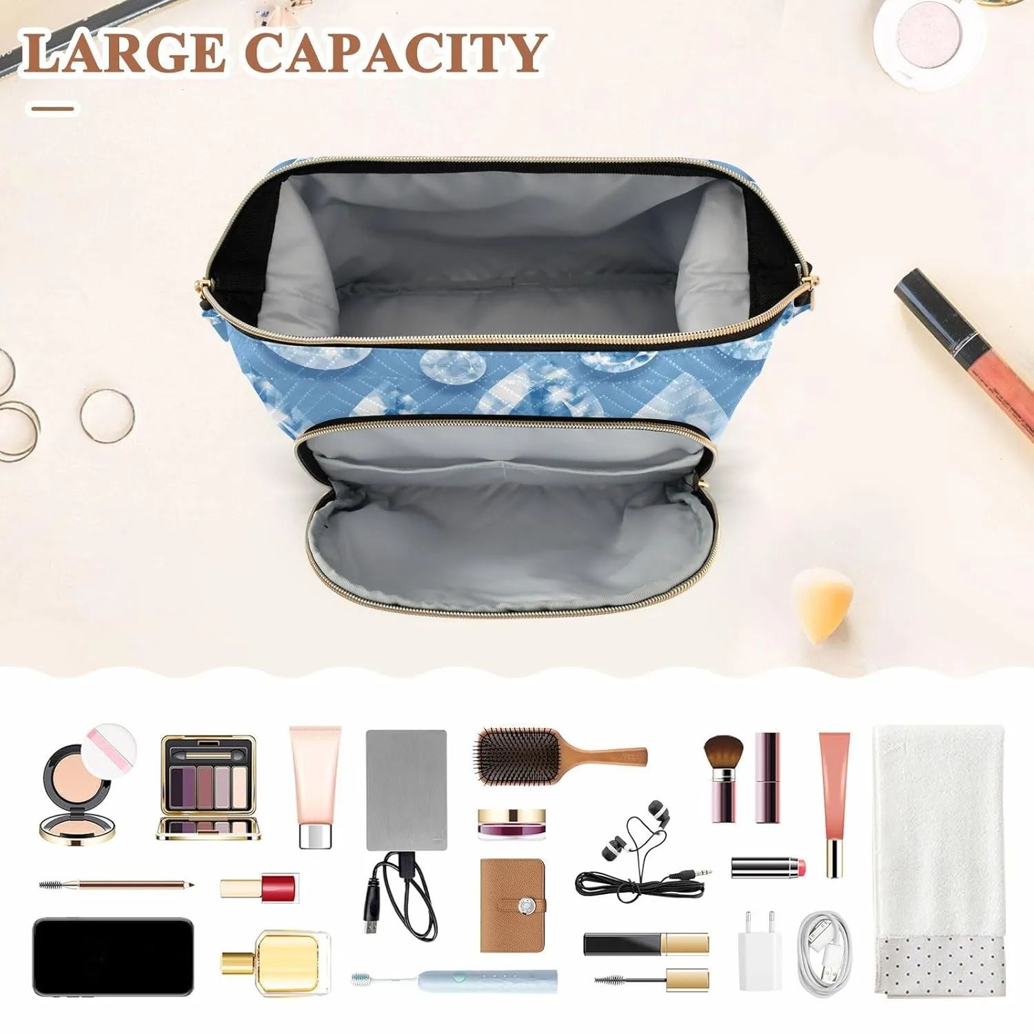 Women Wave Quilt Cosmetic Bag, Zipper Toiletry Storage 10.2x5.9x6.7 in, Pouch Handbag Makeup Case Purse Holder Organizer Print Glitter Blue Rain Droplet Gems Seamless