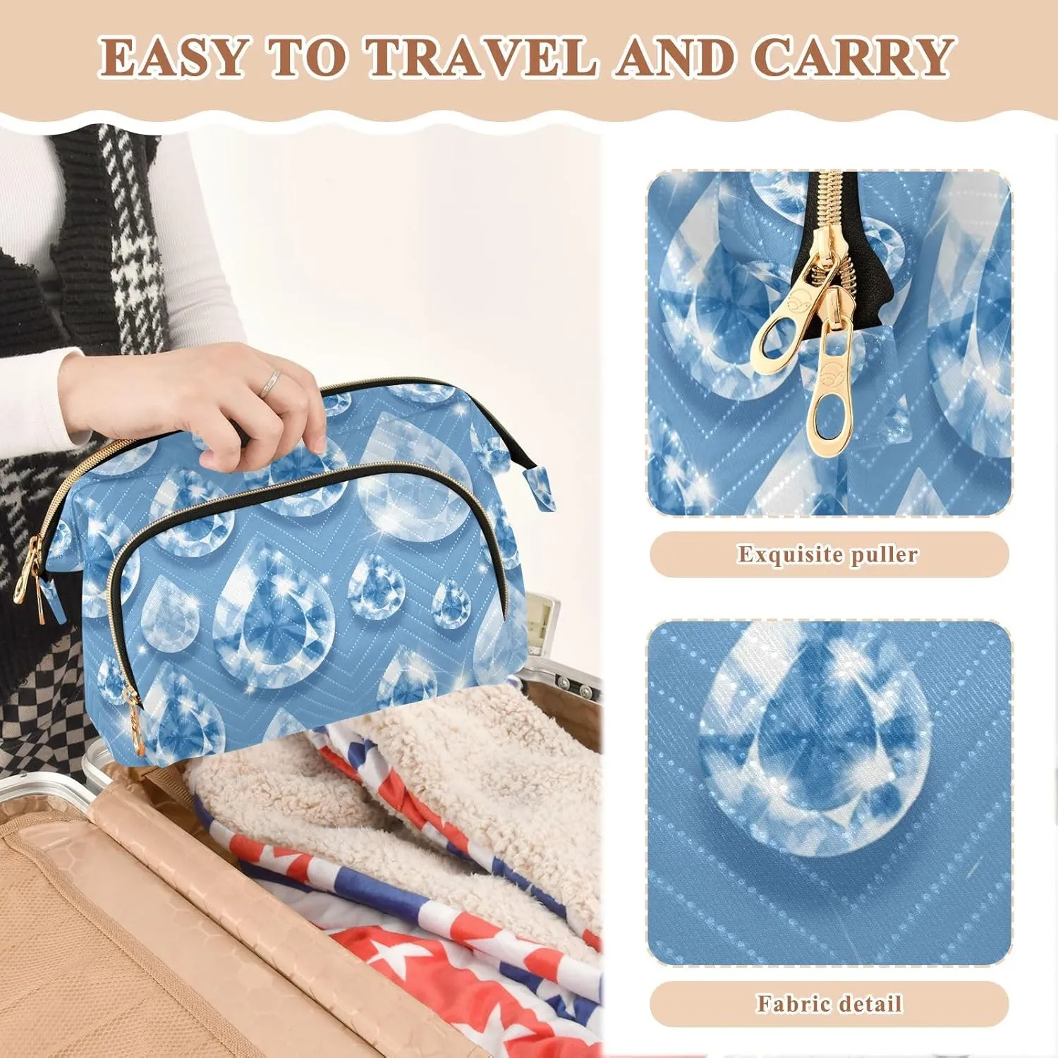Women Wave Quilt Cosmetic Bag, Zipper Toiletry Storage 10.2x5.9x6.7 in, Pouch Handbag Makeup Case Purse Holder Organizer Print Glitter Blue Rain Droplet Gems Seamless