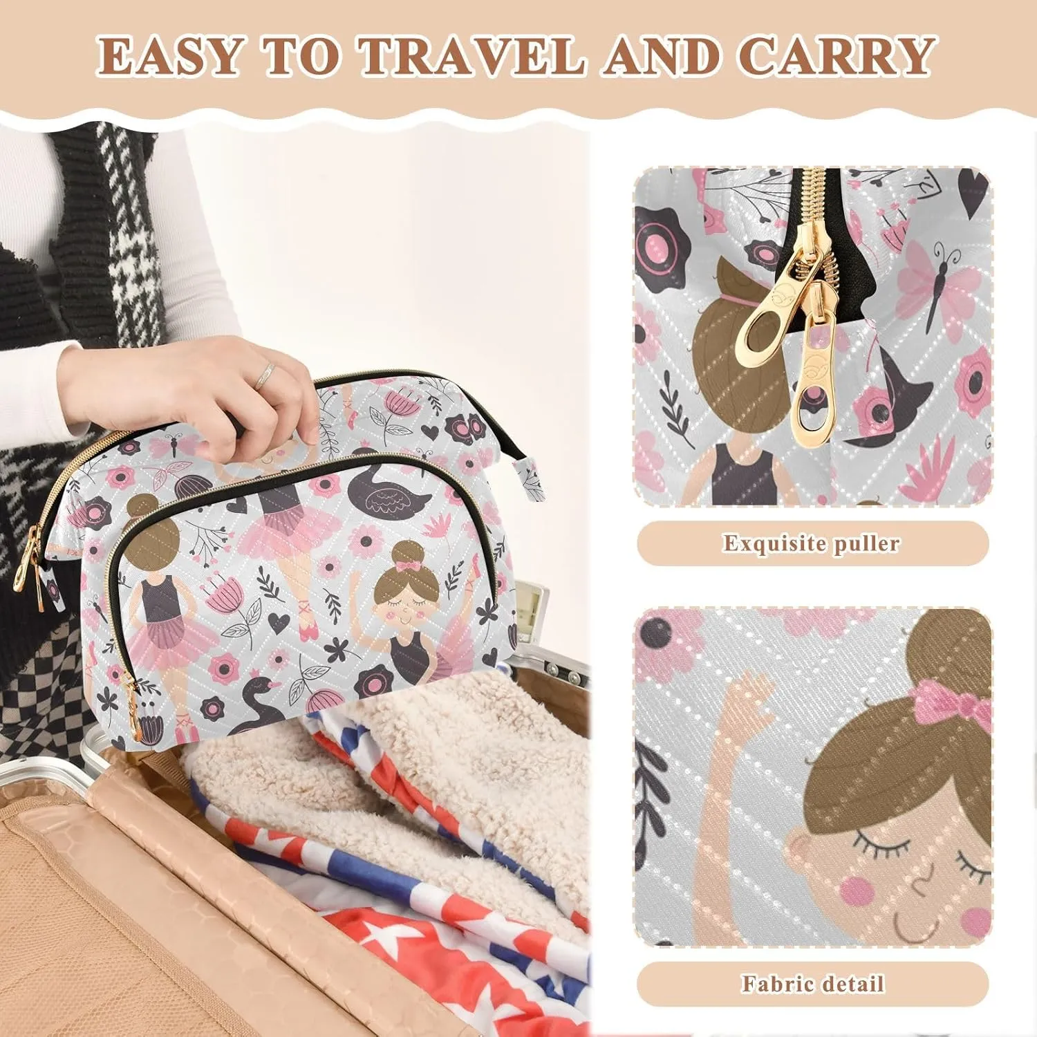 Women Wave Quilt Cosmetic Bag, Zipper Toiletry Storage 10.2x5.9x6.7 in, Pouch Handbag Makeup Case Purse Holder Organizer Print Little Ballerina Ballet Woman Dance Swan Pink Grey