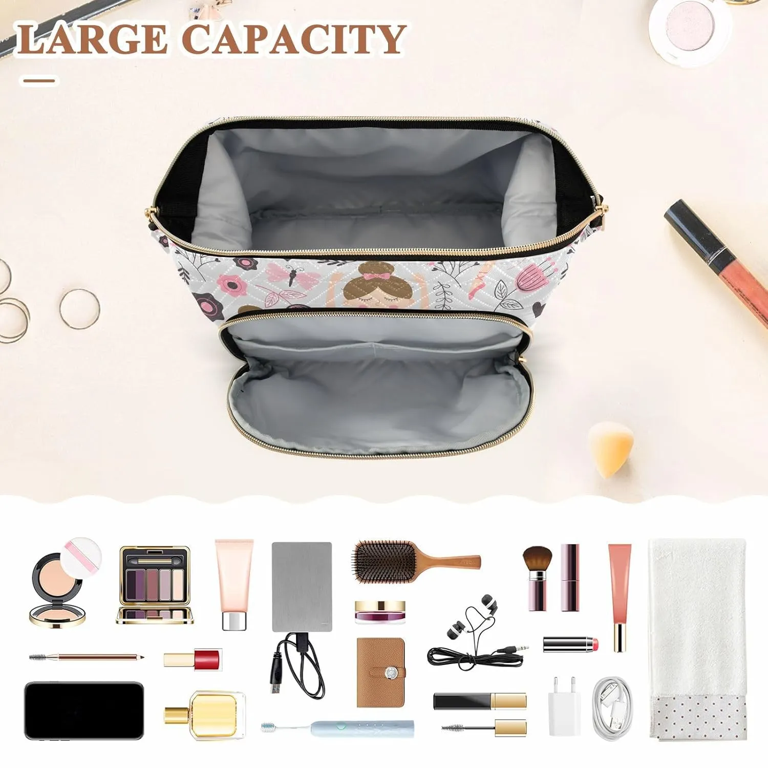 Women Wave Quilt Cosmetic Bag, Zipper Toiletry Storage 10.2x5.9x6.7 in, Pouch Handbag Makeup Case Purse Holder Organizer Print Little Ballerina Ballet Woman Dance Swan Pink Grey