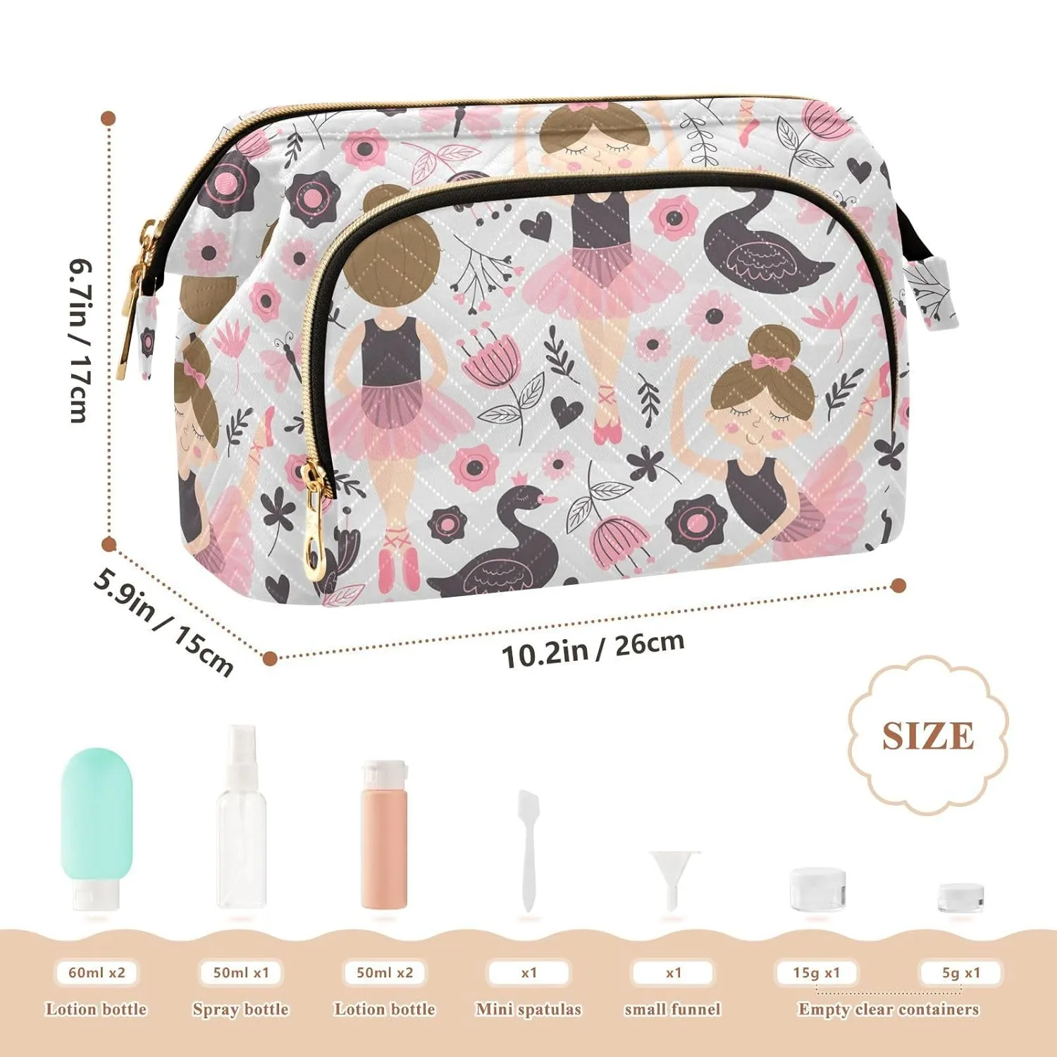 Women Wave Quilt Cosmetic Bag, Zipper Toiletry Storage 10.2x5.9x6.7 in, Pouch Handbag Makeup Case Purse Holder Organizer Print Little Ballerina Ballet Woman Dance Swan Pink Grey