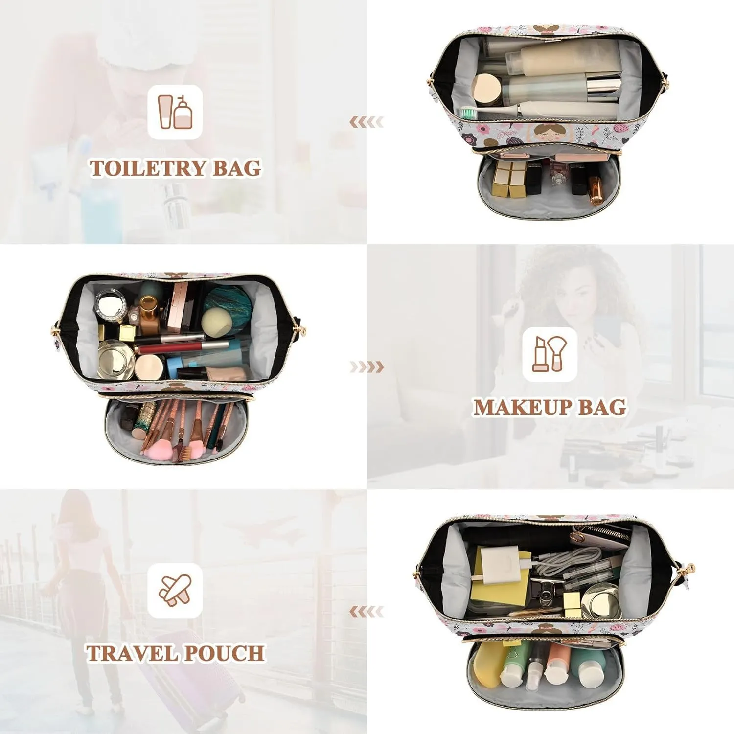 Women Wave Quilt Cosmetic Bag, Zipper Toiletry Storage 10.2x5.9x6.7 in, Pouch Handbag Makeup Case Purse Holder Organizer Print Little Ballerina Ballet Woman Dance Swan Pink Grey