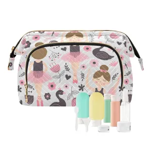 Women Wave Quilt Cosmetic Bag, Zipper Toiletry Storage 10.2x5.9x6.7 in, Pouch Handbag Makeup Case Purse Holder Organizer Print Little Ballerina Ballet Woman Dance Swan Pink Grey