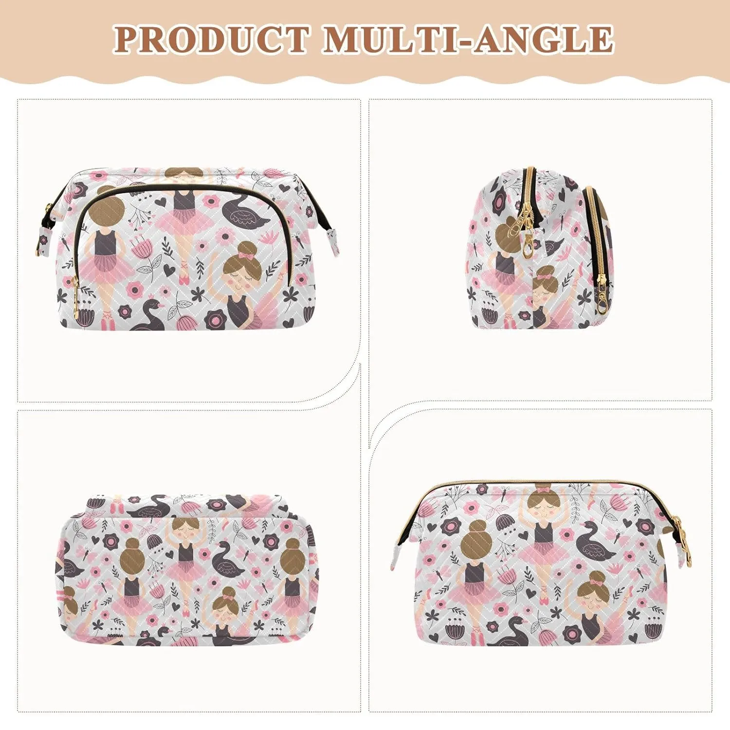 Women Wave Quilt Cosmetic Bag, Zipper Toiletry Storage 10.2x5.9x6.7 in, Pouch Handbag Makeup Case Purse Holder Organizer Print Little Ballerina Ballet Woman Dance Swan Pink Grey