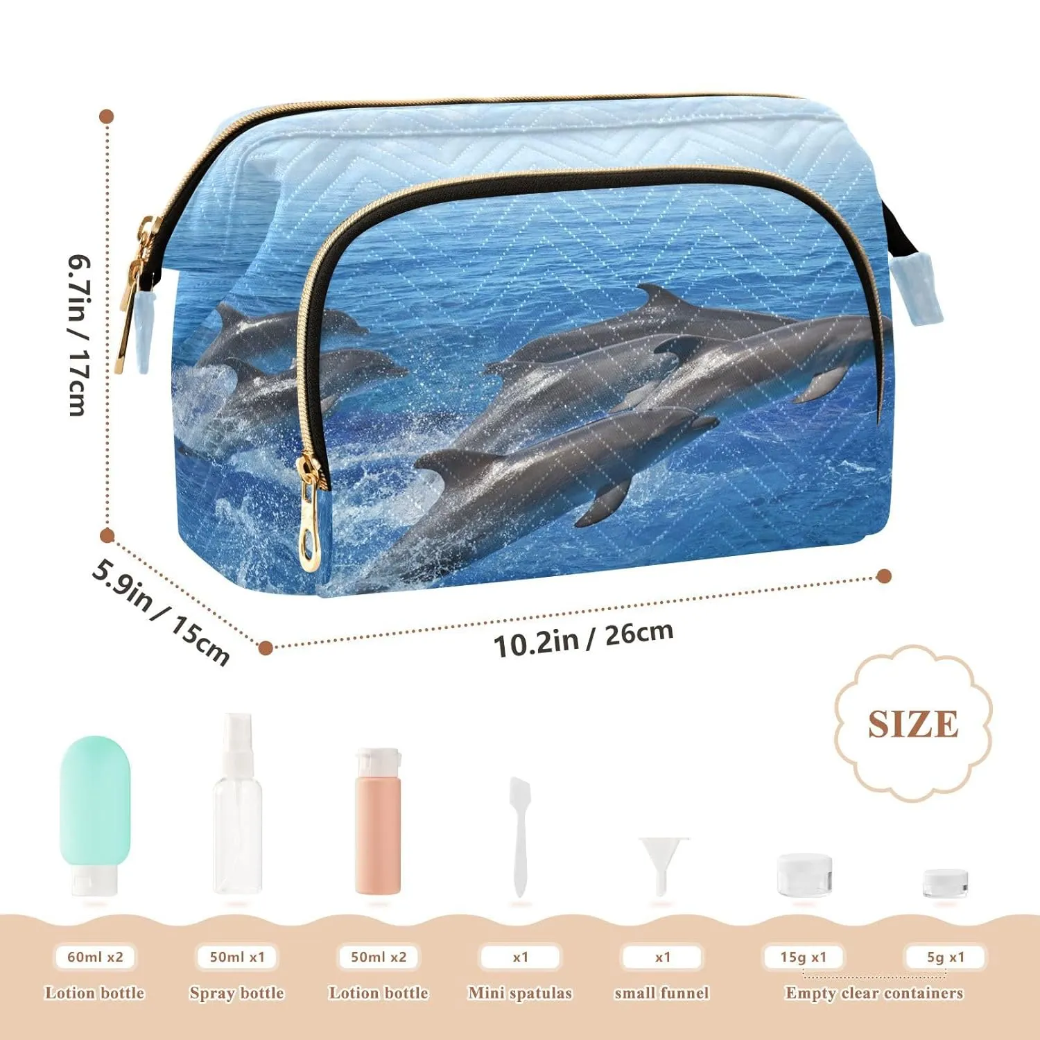 Women Wave Quilt Cosmetic Bag, Zipper Toiletry Storage 10.2x5.9x6.7 in, Pouch Handbag Makeup Case Purse Holder Organizer Print Marine Dolphins Jumping Out Of Blue Sea Water Sky